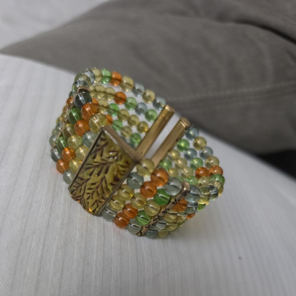 Vintage Monet Cuff Bracelet Beads on Memory Wire Molded Leaves Panel Lucite